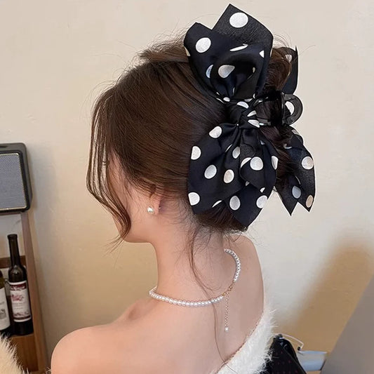 French Elegant Hair Claw Crabs For Women Polka Dot Fashion Bow Hair Clip Retro Head Shark Clip Luxury Hair Accessories