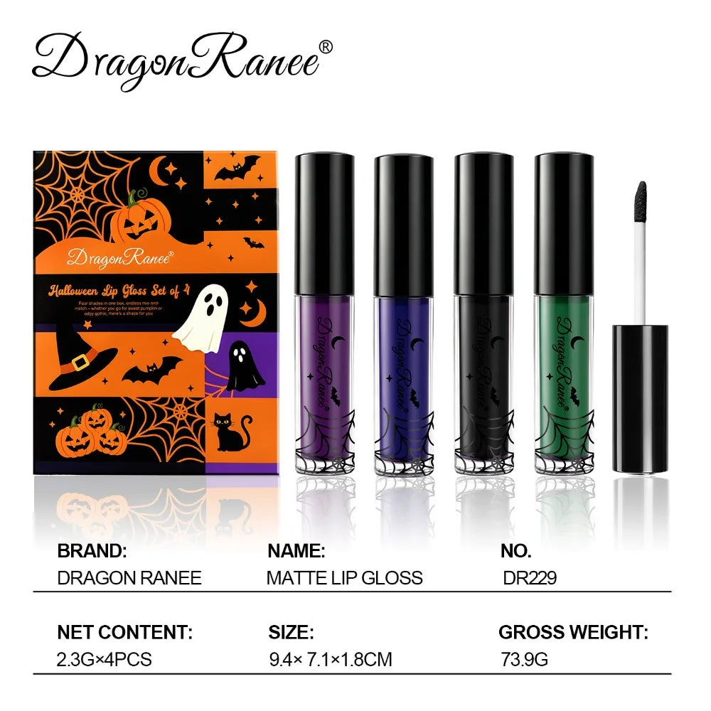 4Pcs/box Matte Purple Liquid Lipstick Set Waterproof Lip Gloss Highly Pigmented Velvet Lip Glaze for Halloween Christmas Makeup