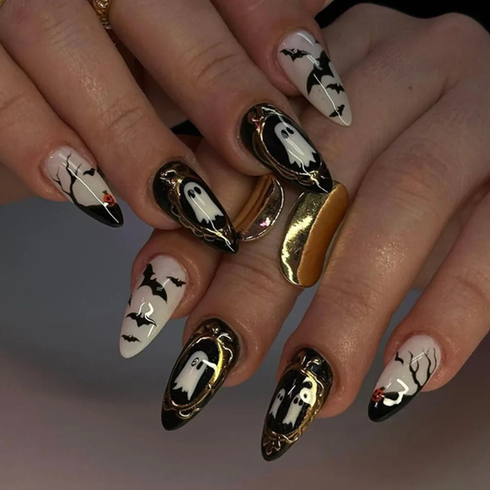 24pcs Halloween Blood French Fake Nail Tips Sweet Cool Bat Skeleton Pattern Round Almond Press on Nails Spider Web False Nail