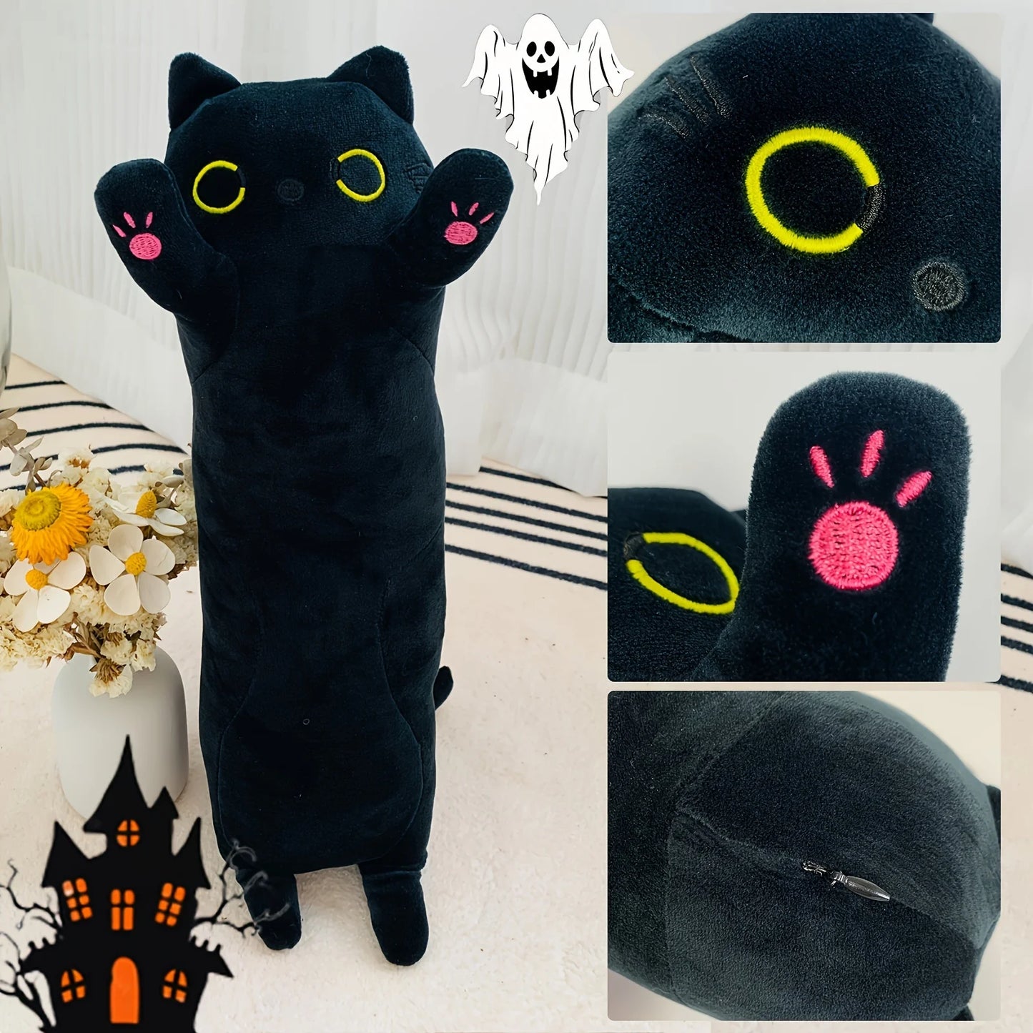 USB Heated Small Black Cat Pillow Heating Pad for Period Cramp 5 Temperature Levels 5 Timer Setting 45cm/17.7" All Season
