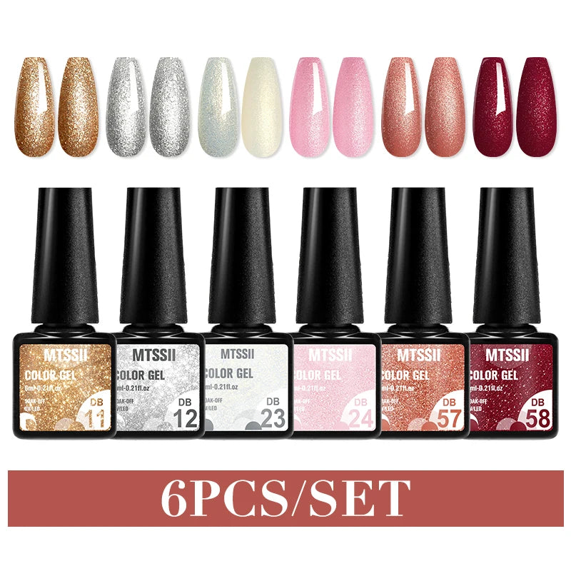 Mtssii 6PCS/Set Sparkly Nude Pink Gel Nail Polish Glitter Semi Permanent Nail Art LED UV Soak Off Gel Varnish Nail Supplies