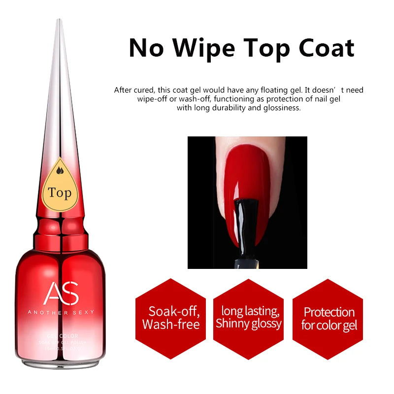 AS 15ml Diamond Top Coat Gel Nail Polish Soak Off UV LED Gel Polish No-Wipe High Shine Tempered Top Coat Gel