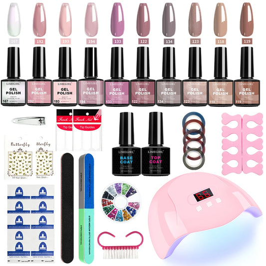 LIMEGIRL Gel Nail Polish Kit UV Soaking Gel Primer Polish Manicure Kit with UV LED Lamp Dryer Semi-Permanent Gel Varnish Kit