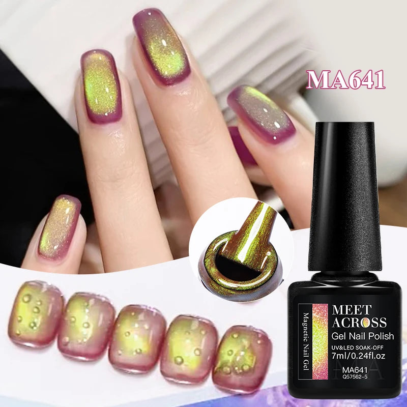 MEET ACROSS Guava & Grape Color Cat Magnetic Gel Green Glass Bead Cat Eye Gel Soak Off UV Gel Nail Art Varnish Salon Home DIY