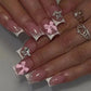 24Pcs Pink French Style Fake Nails 3D Bowknot Designs Short Square Press on Nails Sweet Korean Fashion False Nail for Women Girl