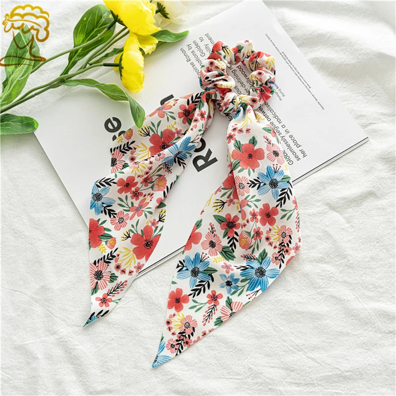 New Fashion Print Bow Scrunchies Hair Ribbon For Women Elastic Hair Band Girls Horsetail Hair Ties Hair Accessories