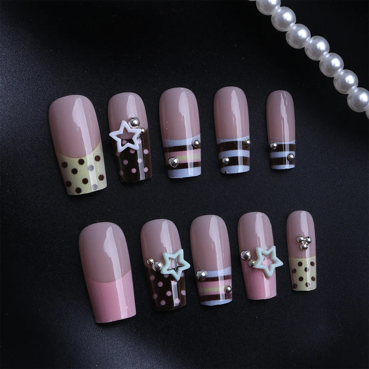 24pcs Y2K Sweet Stars Press On Nails Blue Brown Stripes French Style False Nails Wave Point Designs Autumn Vintage Fake Nail