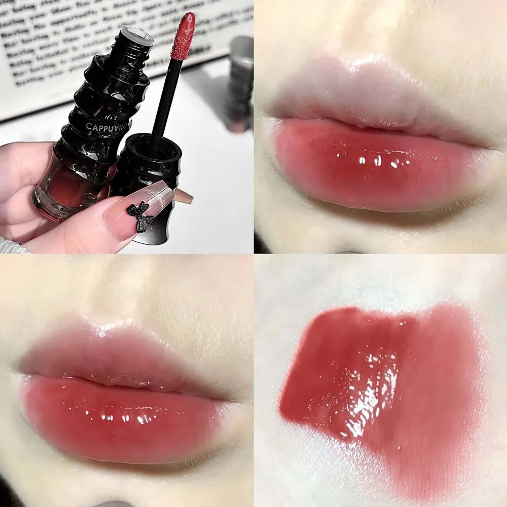 Crystal Punk Red-Brown Glossy Lip Stain Mirror Lip Glaze Sheer Nude Glitter Lip Tint Watery Shine Plumping Makeup Cosmetics