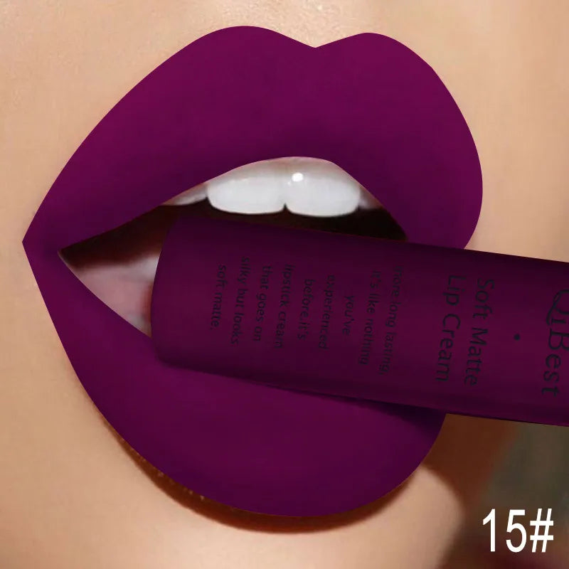 QIBEST Matte Liquid Lipstick Waterproof Lasting Velvet Lip Gloss Tint Tube Nude Pigment Red Black Purple Orange Lipsticks Makeup