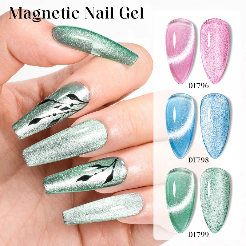 MEET ACROSS 7Pcs/Set Cat Magic Magnetic Gel Nail Polish Sparking Semi-Transparent Sea Blue Effect Soak Off UV Gel Varnish Kit