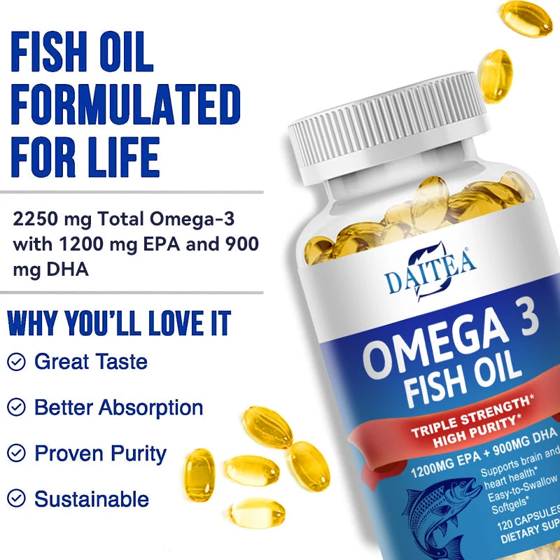 Daitea Omega 3 Fish Oil Capsules - for Nervous System, Skin and Hair Health, Antioxidants - Easy To Swallow
