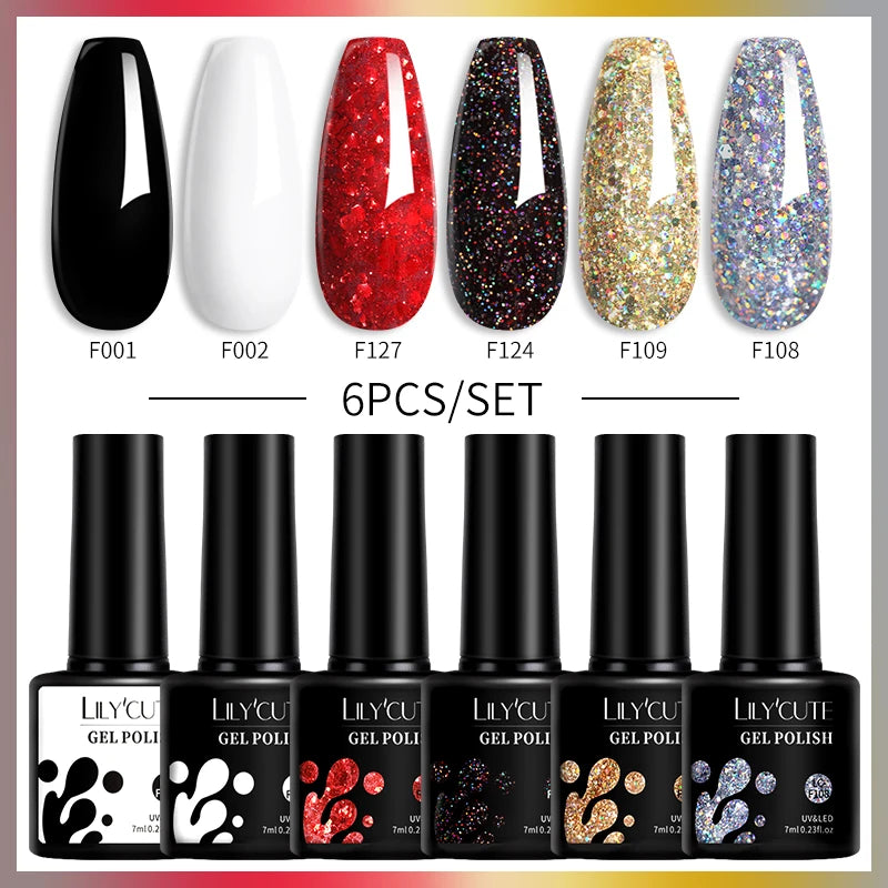 LILYCUTE 6PCs/Set Gel Nail Polish Set Kit Glitter Nail Gel Sequin Vernis Semi Permanent For Manicure Varnish UV LED Nail Art Gel