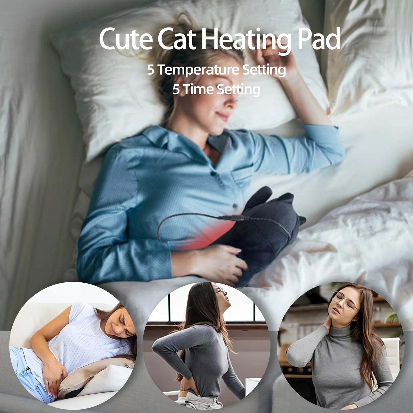 USB Heated Small Black Cat Pillow Heating Pad for Period Cramp 5 Temperature Levels 5 Timer Setting 45cm/17.7" All Season