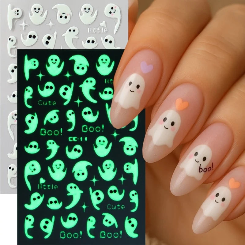 Halloween Nail Stickers - 3D Glow in Dark Cute Ghost Design Luminous Self Adhesive Nail Decals for Halloween