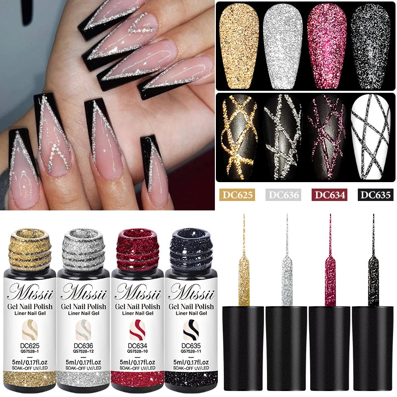 2/4/6pcs Reflective Glitter Liner Gel Nail Polish Set Pull Line Graffiti Painting Stripe DIY French Nails Design Painting Gel