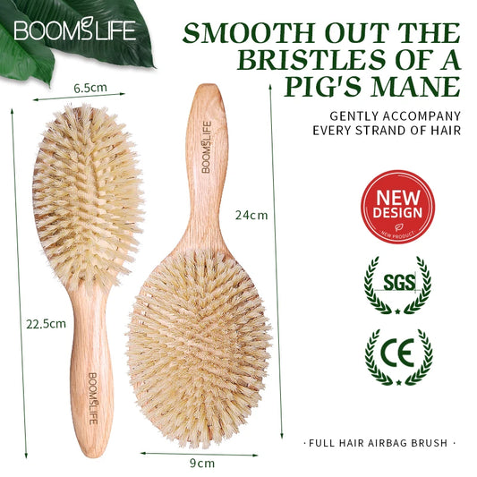 BOOMSLIFE Soft Boar Bristle Hair Brush Women Custom Scalp Massage Detangle HairbrushOak Wood Comb for Hair  Barber Accessories