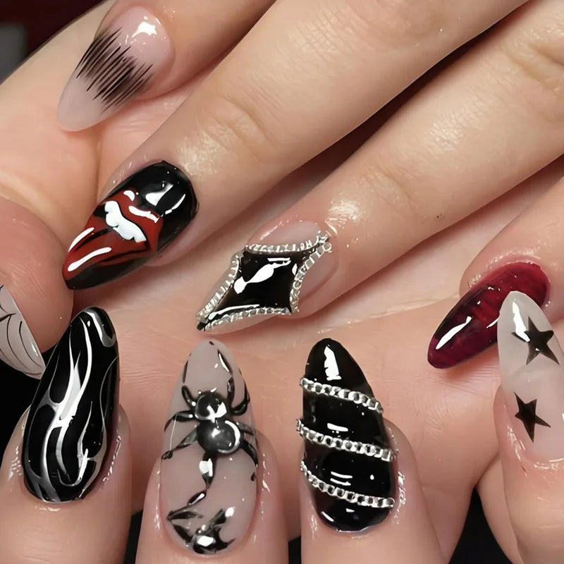 24pcs Sliver Spider Design Fake Nail Halloween Gothic Punk False Nail Tips Wearable European Heavy Metal Almond Press on Nails