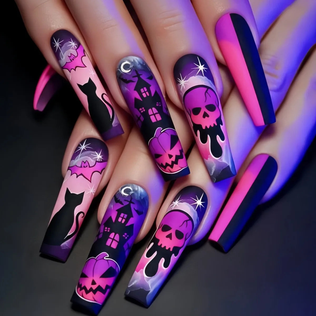 24pcs Glitter Pink Sequins Fake Nails 2025 Halloween Scary Skull Love Print False Nails Wearable European Ballet Press on Nails