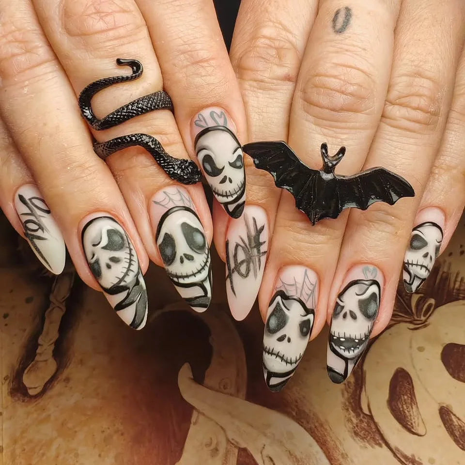 24pcs Halloween Press on Nails Sweet & Cool Jack-o'-Lantern Fake Nail Short Almond Cute & Cuddly Ghost False Nail for Women&Girl