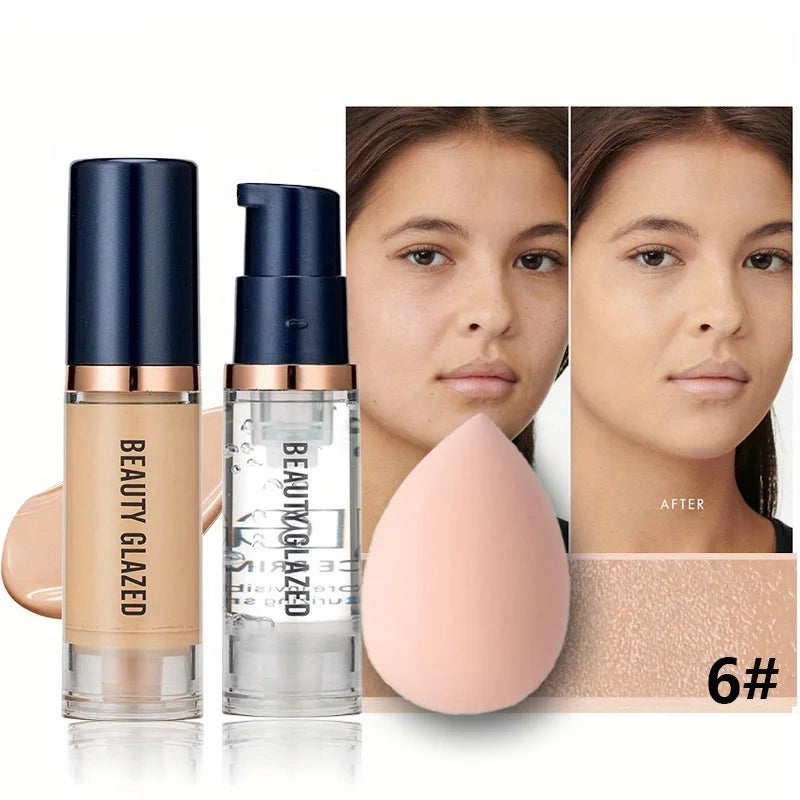 BEAUTY GLAZED 3Pcs Face Makeup Set,Matte Long lasting Waterproof Liquid Foundation+Primer+Puff