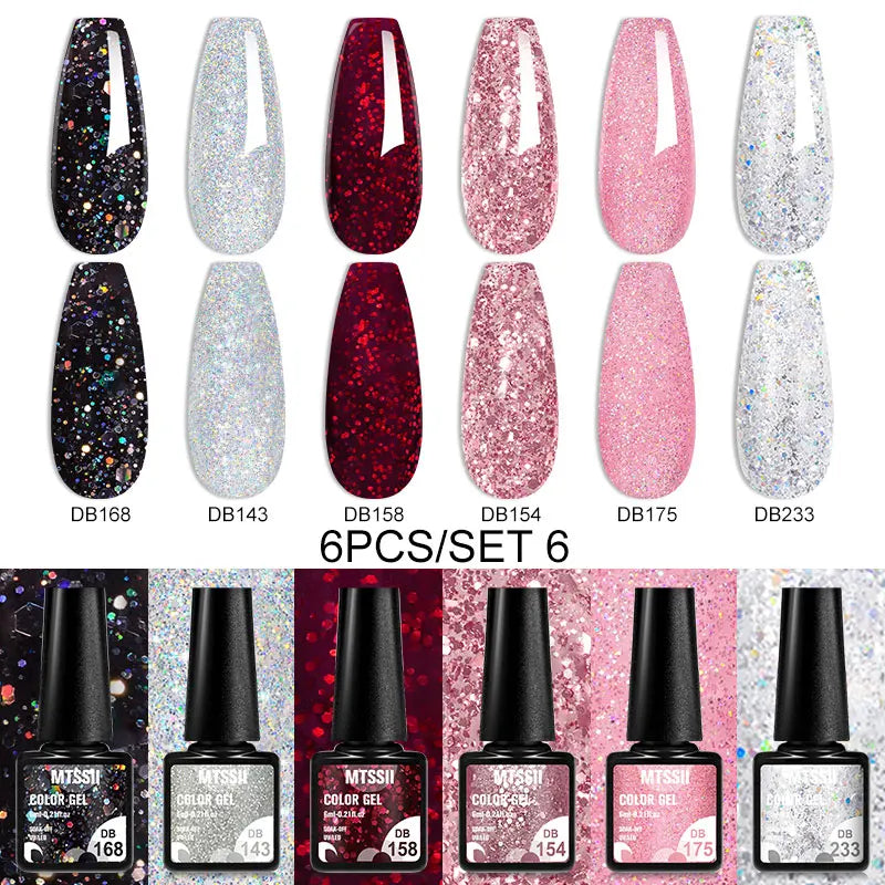 Mtssii 6PCS/Set Sparkly Nude Pink Gel Nail Polish Glitter Semi Permanent Nail Art LED UV Soak Off Gel Varnish Nail Supplies