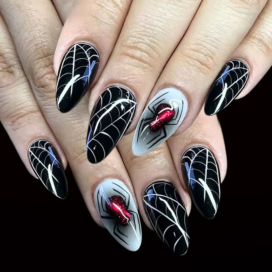 24pcs Halloween Blood French Fake Nail Tips Sweet Cool Bat Skeleton Pattern Round Almond Press on Nails Spider Web False Nail