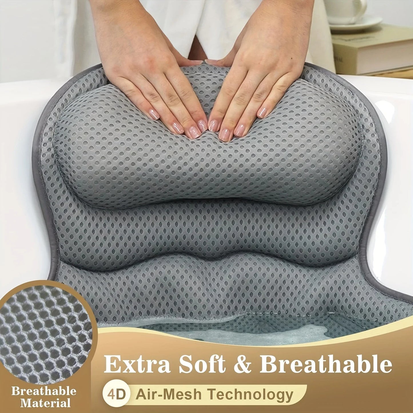 1pc Luxury Bath Pillow with 3D Air Mesh & Secure Suction | Neck/Back Support, Machine Washable, Home/Spa Use