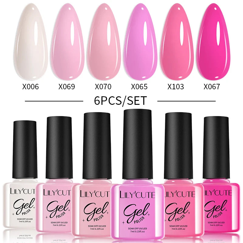 LILYCUE 6Pcs/Set Red Nude Glitter Gel Nail Polish Gorgeous Full Coverage Soak Off UV Gel Nail Art Base Top Coat Gel Polish Kits