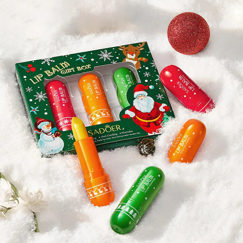 3/4pcs SADOER Christmas Set Brightening Lip Balm Moisturizing Anti Cracking Hydrating Repair Nourishing Lipstick Skin Care
