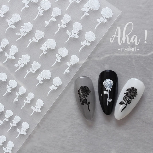 Rose Flower Nail Stickers White Black Silk Ribbon Nail Decal Slider for DIY Nail Decoration 3D Aha Series Manicure Accessories