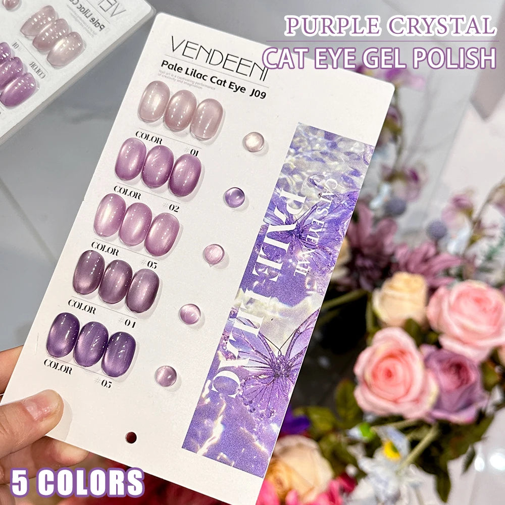 Vendeeni 5 Colors Purple Crystal Cat Eye Gel Nail Polish Set Magnetic UV Soak Off Gel Varnish Lavender Cat Eye Gel With Display