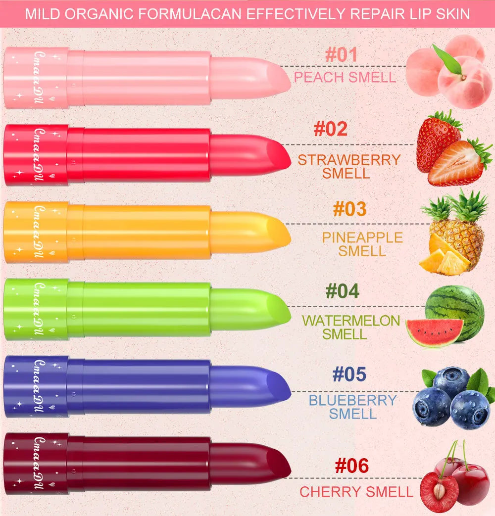 6-Color Fruity Scent Color-Changing Lipstick, Moisturizing and Hydrating, Long-Lasting Lip Balm with Smooth and Soft Texture