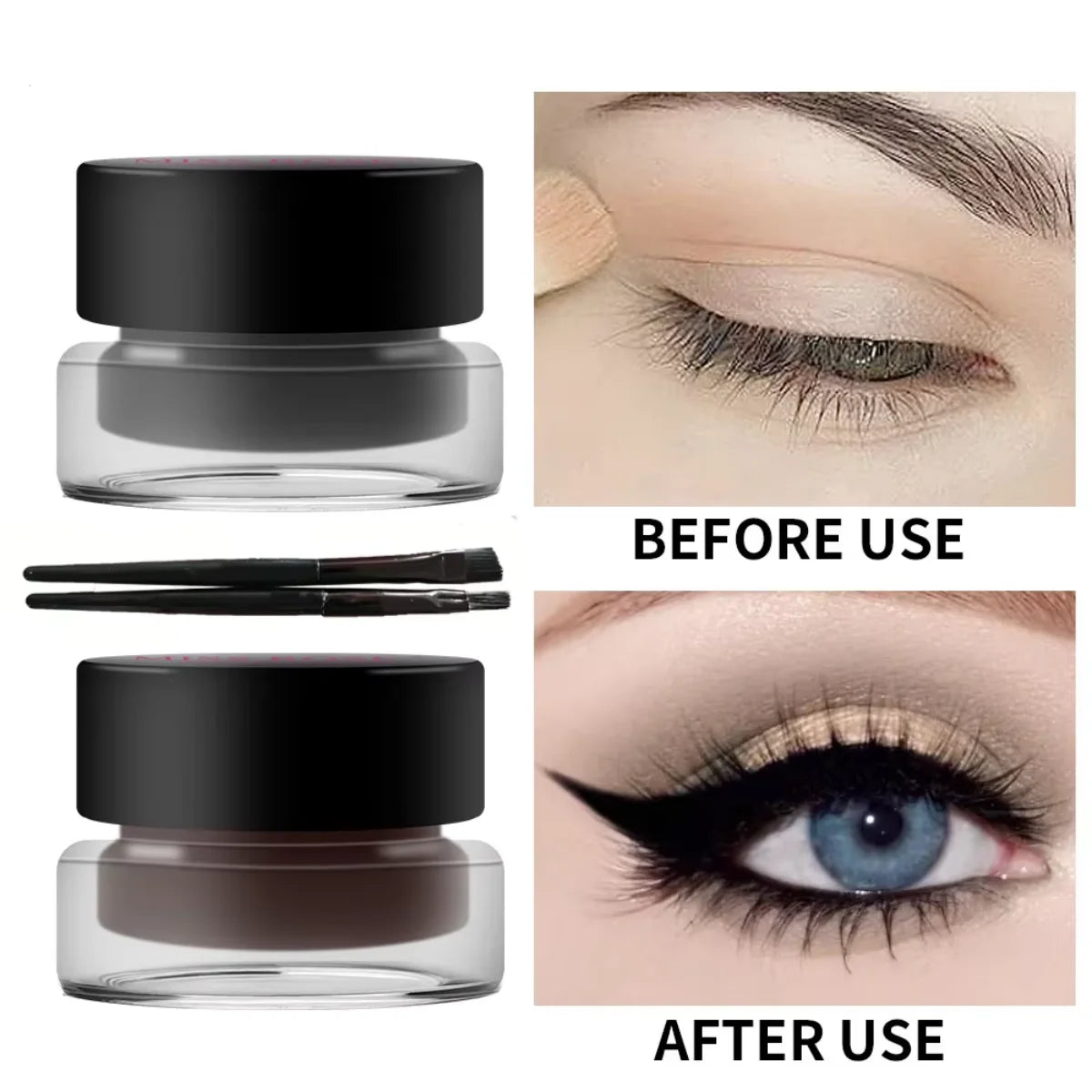 2 bottles of two-color eyeliner gel, durable color rendering, waterproof, non smudging, eyeliner cream with two brushes