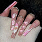 24pcs Glitter Pink Sequins Fake Nails 2025 Halloween Scary Skull Love Print False Nails Wearable European Ballet Press on Nails