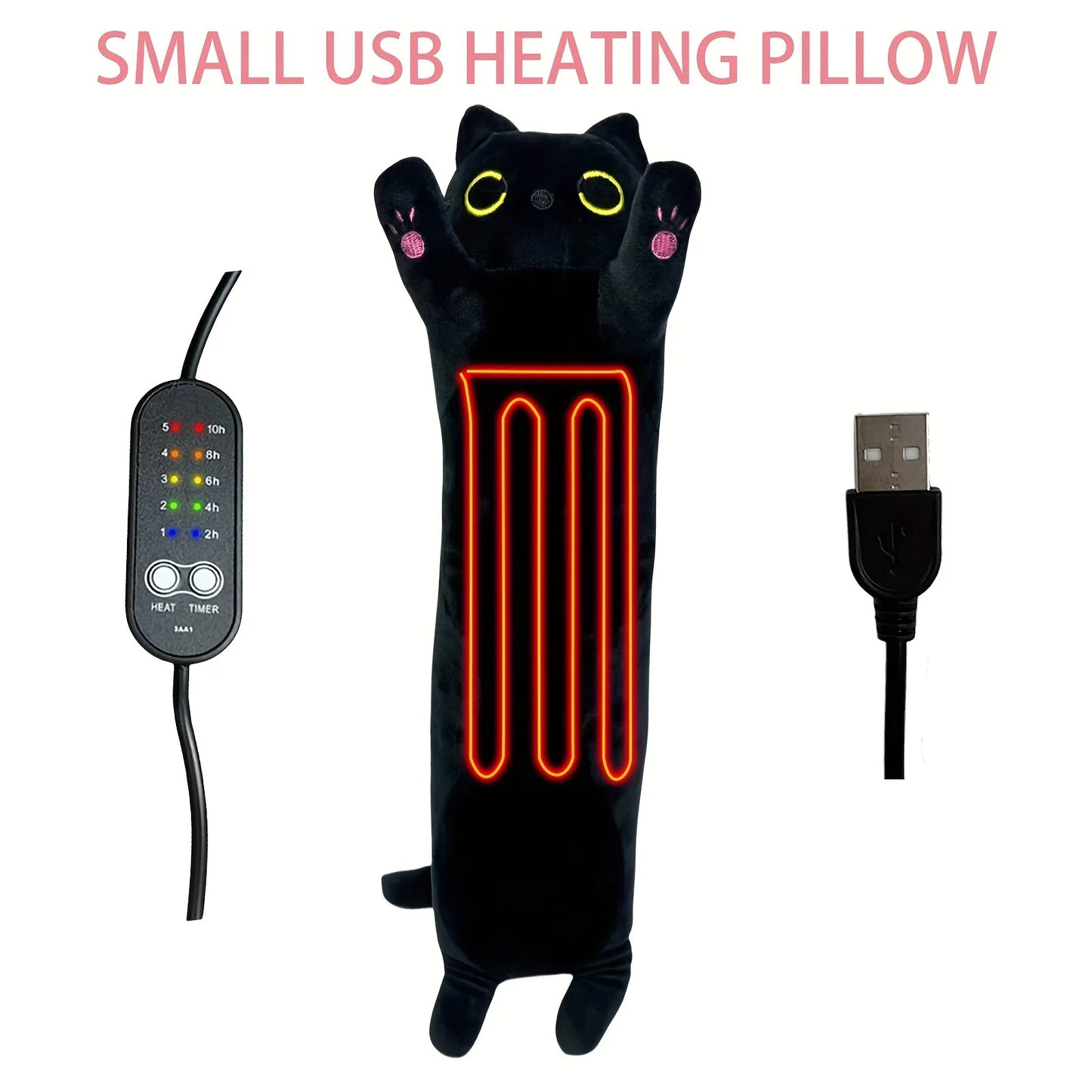 USB Heated Small Black Cat Pillow Heating Pad for Period Cramp 5 Temperature Levels 5 Timer Setting 45cm/17.7" All Season