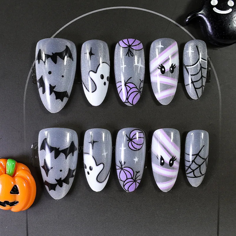 24pcs Sliver Spider Design Fake Nail Halloween Gothic Punk False Nail Tips Wearable European Heavy Metal Almond Press on Nails