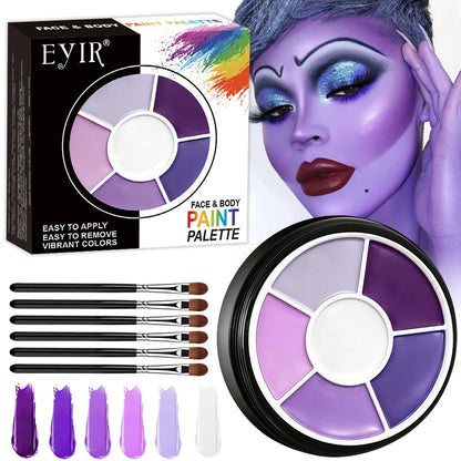 6 Colors Purple Face Body Paint Palette Water Activated SFX Makeup Kit With Brush Cosplay Halloween Party Festival Painting Set