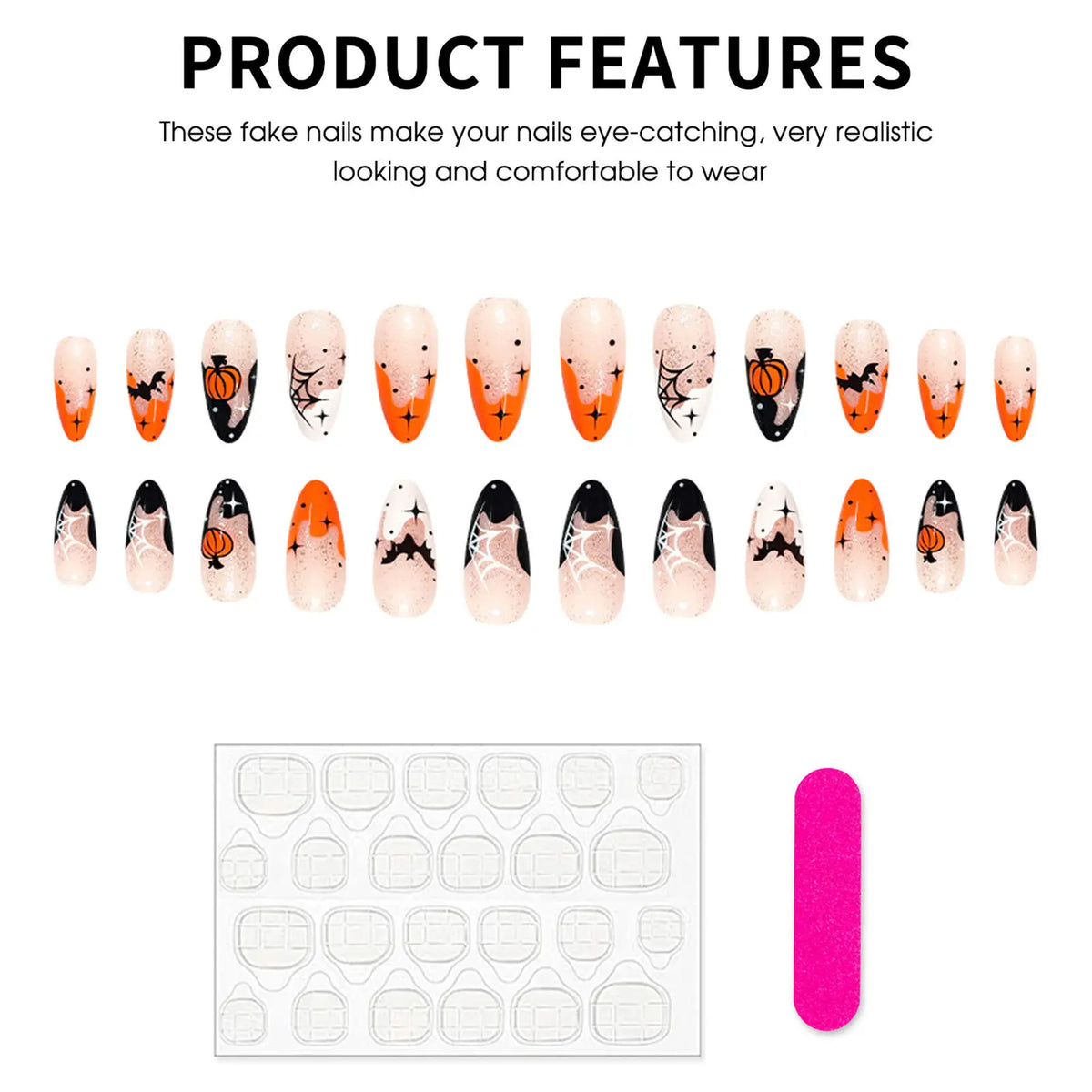 Press On Nails Resin Spider Web Pumpkin Fake Nails Easy Application for Halloween Party Costume Gothic Style 24Pcs Durable
