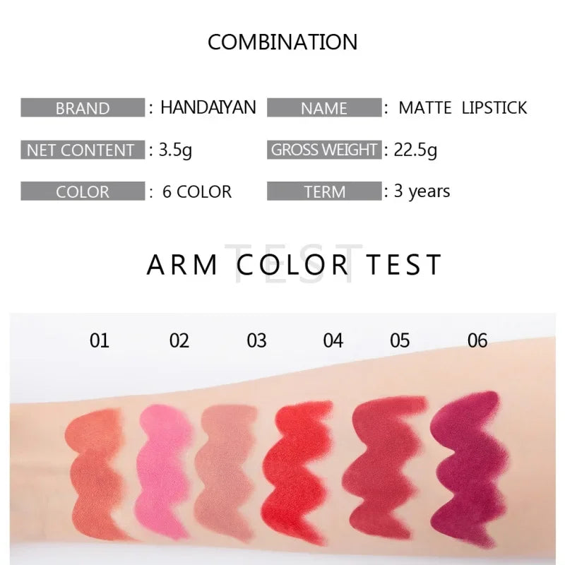 HANDAIYAN Moisturizing Long-Lasting Matte Lipstick 6-Color Set – Elegant Nude Shades, Show Your Temperament, Cosmetic Lipsticks