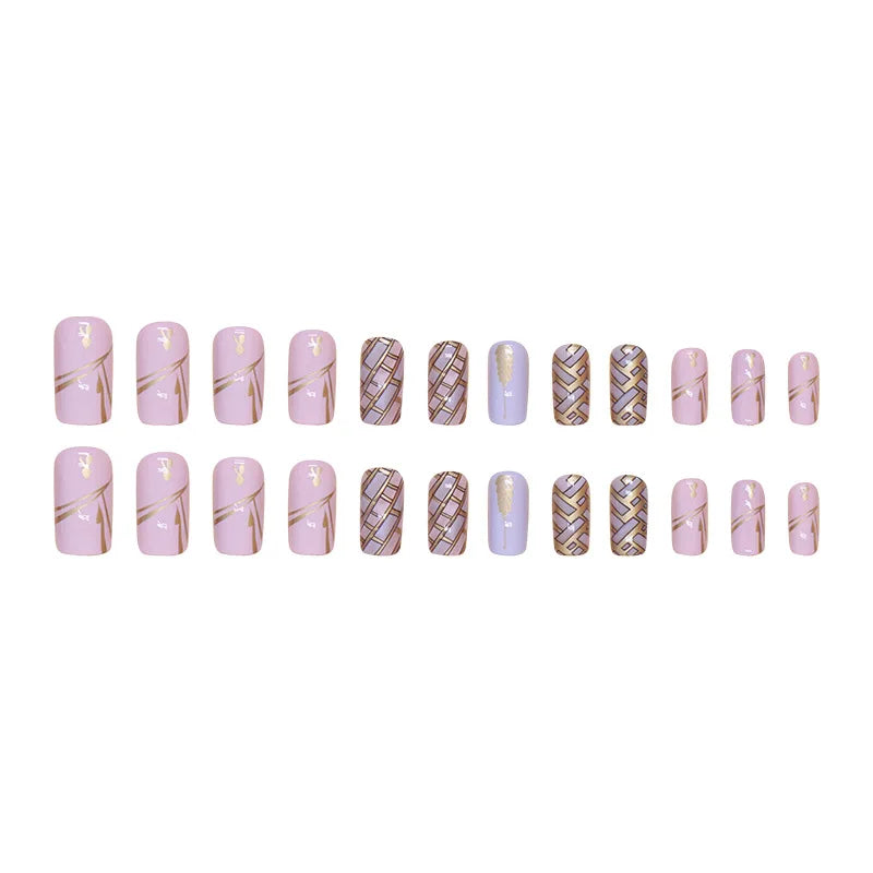24 pieces long square French simple long wheat check nails +1 nail glue +1 nail file