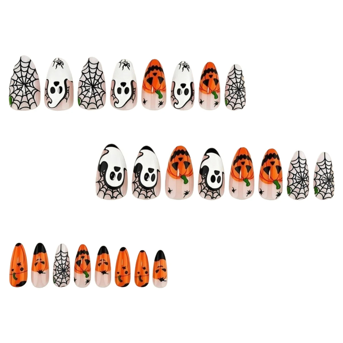24pcs Halloween Press On Nails Ghost Pumpkin Spider-Web Bat Design Fake Nails For Women Girls Wearable False Nail Tips
