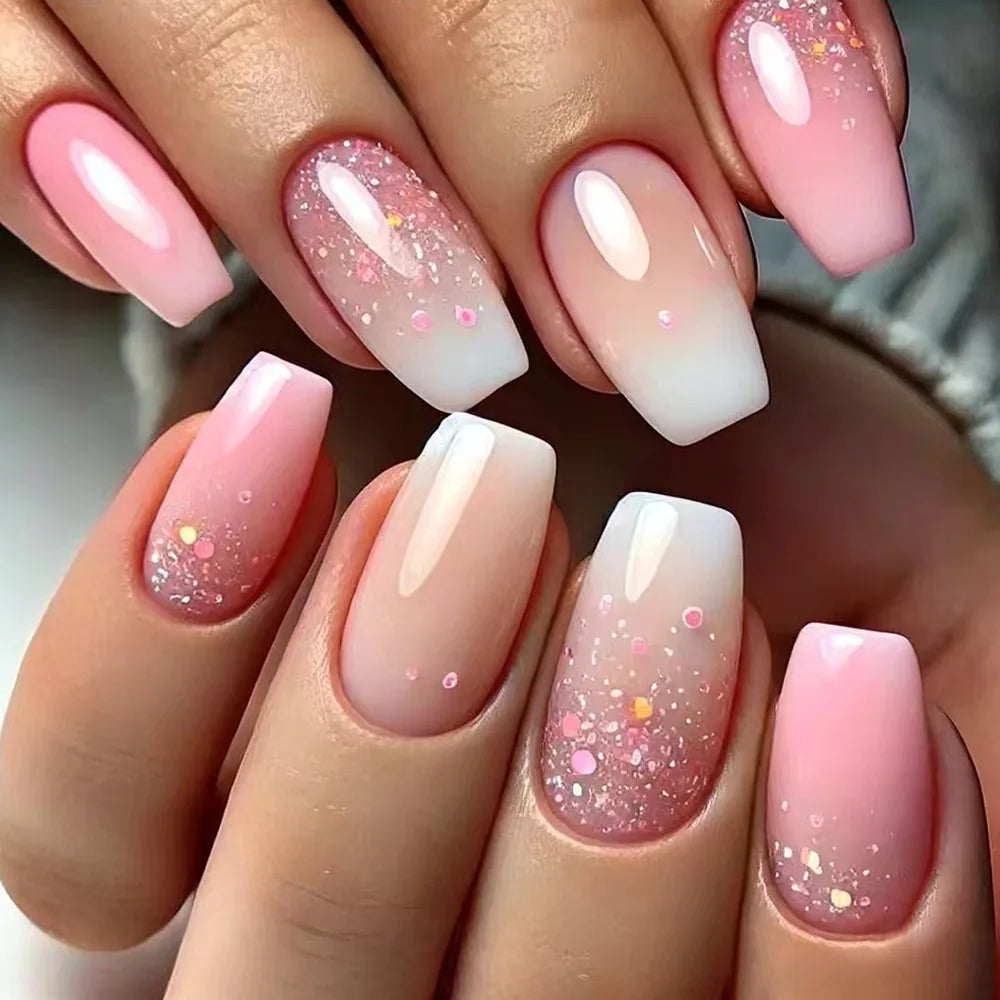 24Pcs Short Square Coffin False Nails Square Fake Nails with Glue French Glitter Wearable Acrylic Nails Set Press on Nail Tips