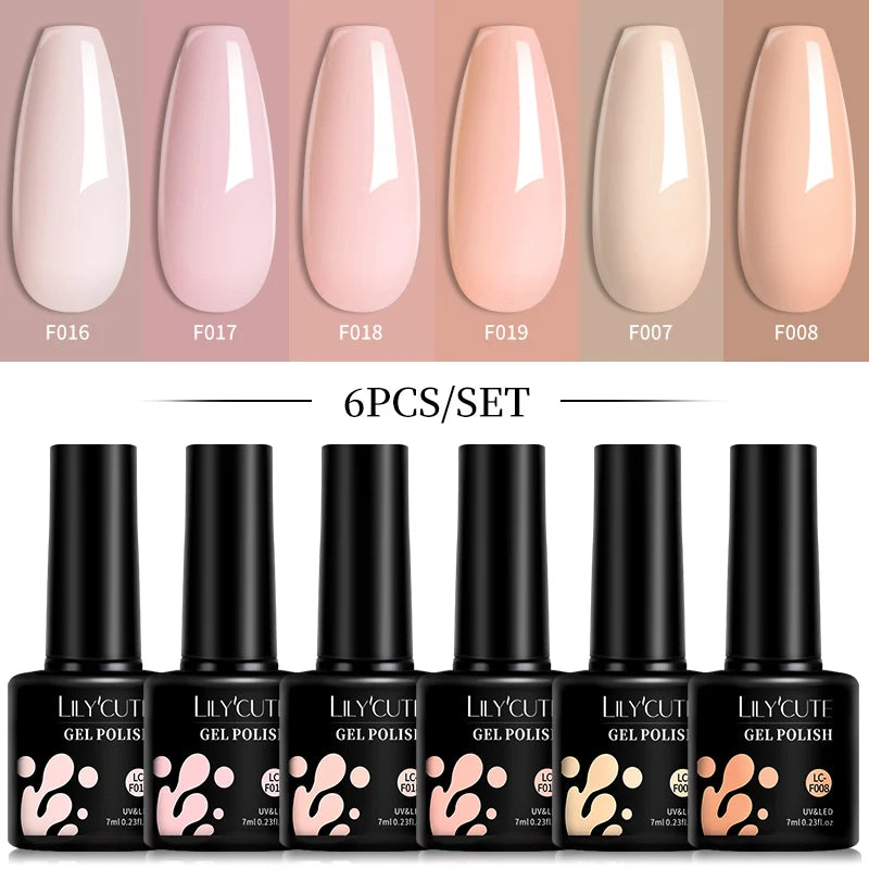 LILYCUE 6Pcs/Set Red Nude Glitter Gel Nail Polish Gorgeous Full Coverage Soak Off UV Gel Nail Art Base Top Coat Gel Polish Kits