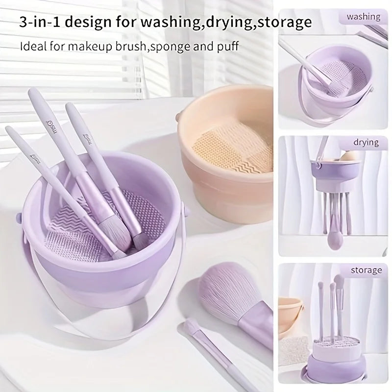 3-In-1 Silicone Makeup Brush Cleaner Mat & Drying Rack - Cosmetic Brush Cleaning & Air Dry Tool, Beauty Tool Organizer Kit