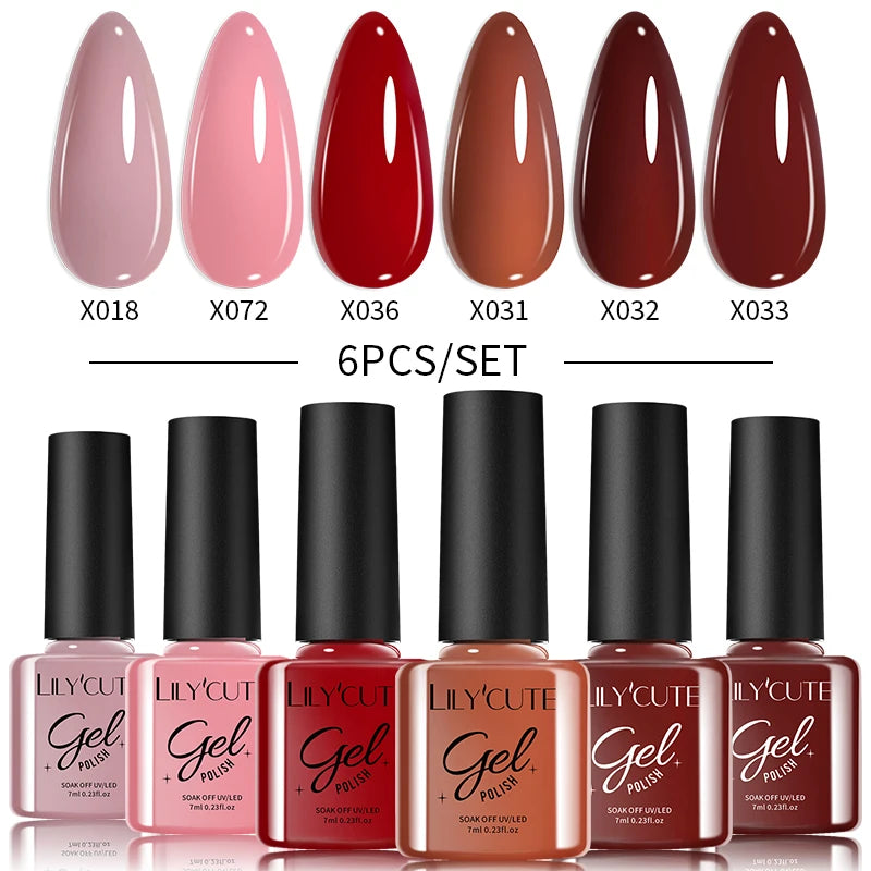 LILYCUE 6Pcs/Set Red Nude Glitter Gel Nail Polish Gorgeous Full Coverage Soak Off UV Gel Nail Art Base Top Coat Gel Polish Kits