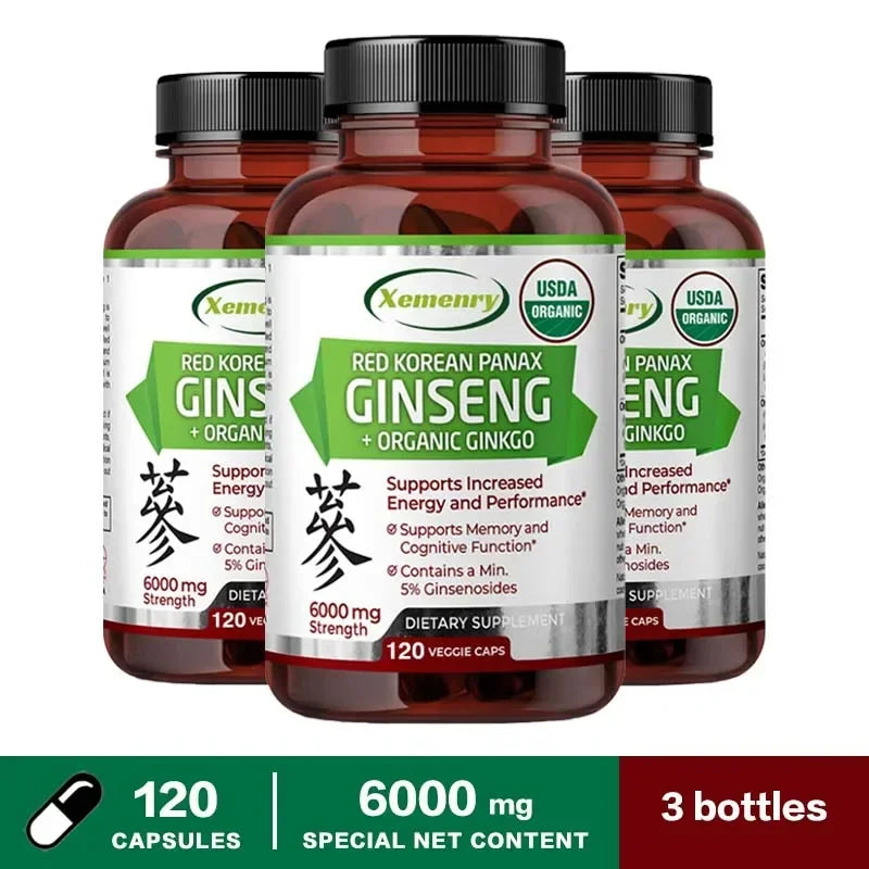 Korean Red Panax Ginseng + Ginkgo Biloba Capsules Increases Energy, Mood, Stamina & Performance, Supports Mental Health