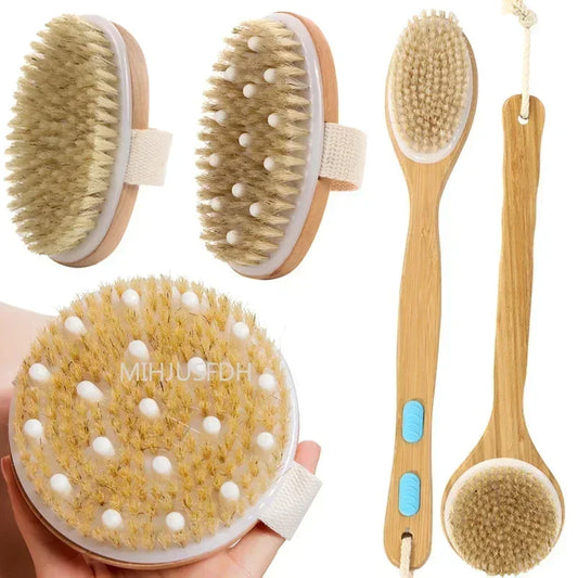 2 In 1 Dry Skin Body Massage Brush Natural Bristle Dead Skin Remover Anti Cellulite Exfoliates Blood Circulation Massage Tools