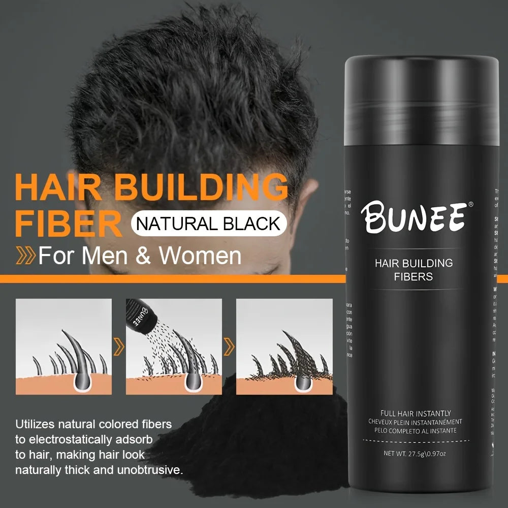 Bunee Hair Fiber Powder 27.5g. Natural & fine, instantly adheres to fill hairlines & partings. Visually boosts volume. For all.