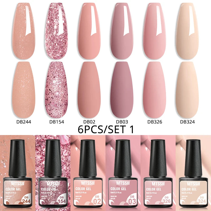 Mtssii 6PCS/Set Sparkly Nude Pink Gel Nail Polish Glitter Semi Permanent Nail Art LED UV Soak Off Gel Varnish Nail Supplies