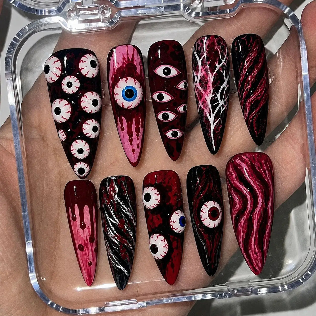 24pcs Nude Color False Nails For Halloween Blood Stained Jade Bone Long Pointed Press On Nails Acrylic Material Party Fake Nail